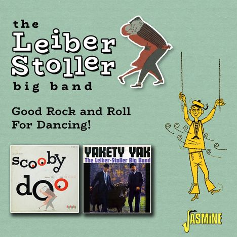 „the Leiber Stoller big band. Good Rock and Roll For Dancing!“ Tanzenes Paar, Mann auf Schaukel, zwei Albumcover.
