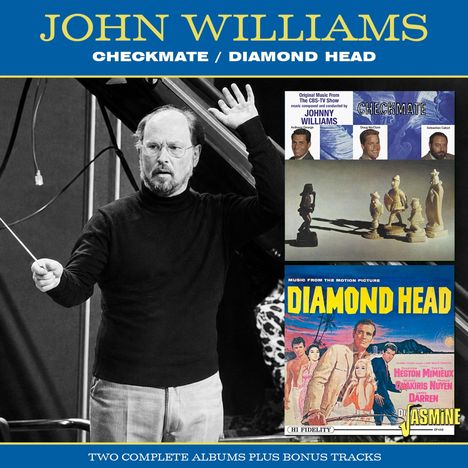 "JOHN WILLIAMS CHECKMATE / DIAMOND HEAD" steht oben. Unten: "TWO COMPLETE ALBUMS PLUS BONUS TRACKS". Ein Dirigent führt vor.
