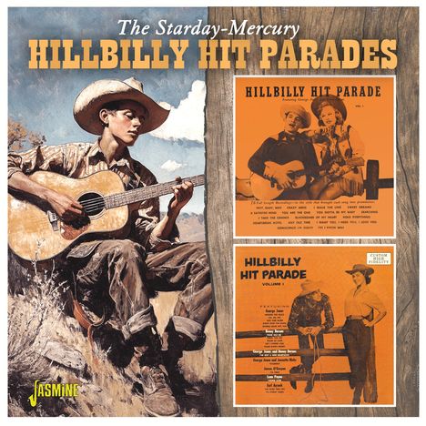 "The Starday-Mercury Hillbilly Hit Parades", Gemälde eines Mannes mit Gitarre, zwei orangefarbene Album-Cover.