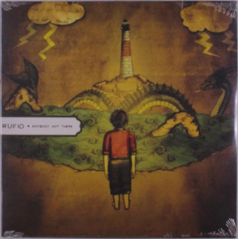 RUFIO ● ANYBODY OUT THERE  
Illustration: Person steht vor einer riesigen Seeschlange und Leuchtturm im tobenden Meer, Gewitterwolken.