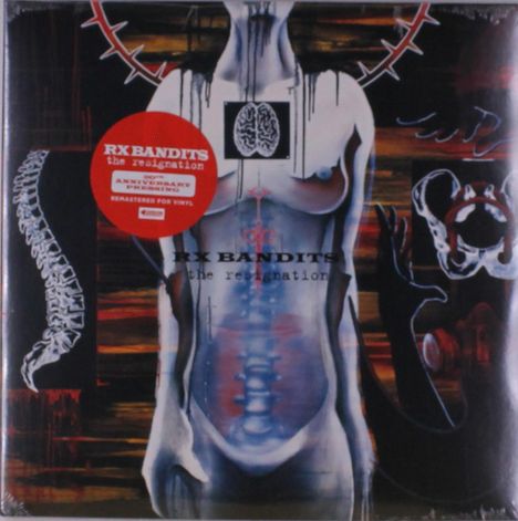 Text: "RX Bandits, the resignation, Anniversary Pressing, remastered for vinyl". Menschliche Figur mit anatomischen Details.