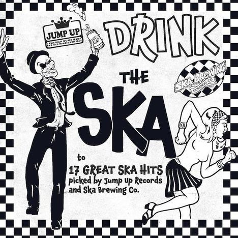 „DRINK THE SKA“ und „17 GREAT SKA HITS“. Tanzendes Skelett und Frau, umgeben von Ska-Themen und Schachbrettmuster.