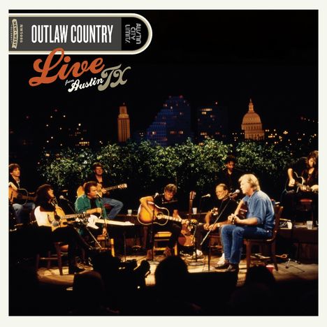 Text: "OUTLAW COUNTRY Live from Austin TX". Mehrere Musiker sitzen im Halbkreis mit Gitarren auf einer Bühne.
