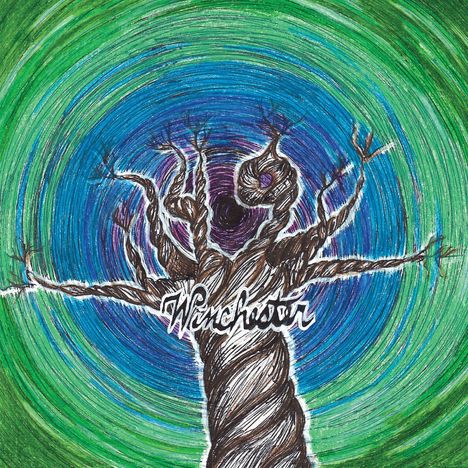 Der Text "Winchester" erscheint vor einem verdrehten Baum ohne Blätter. Der Hintergrund hat farbige kreisförmige Muster.