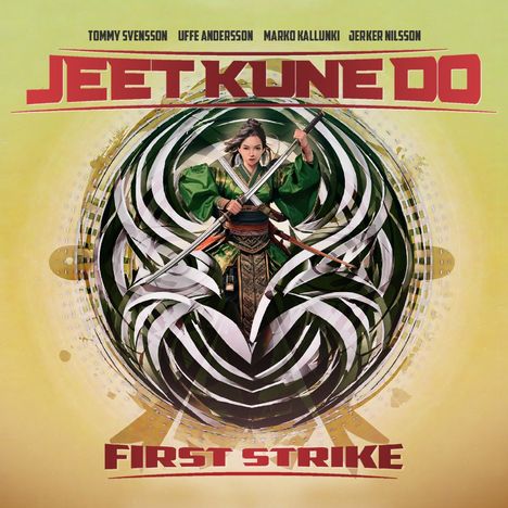 „Jeet Kune Do: First Strike“. Illustration einer Frau in grüner Kleidung mit Stab, umgeben von dynamischen Mustern.