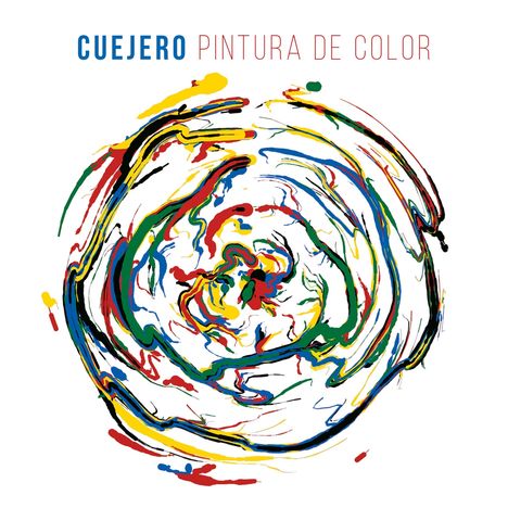 Text: "CUEJERO PINTURA DE COLOR". Bunte, wirbelnde Farbstreifen formen ein spiralförmiges Muster auf weißem Hintergrund.