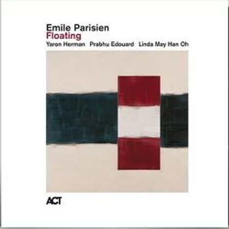 "Emile Parisien - Floating" mit Künstlernamen. Abstrakte Illustration: vertikales rotes Band auf horizontalen Streifen.