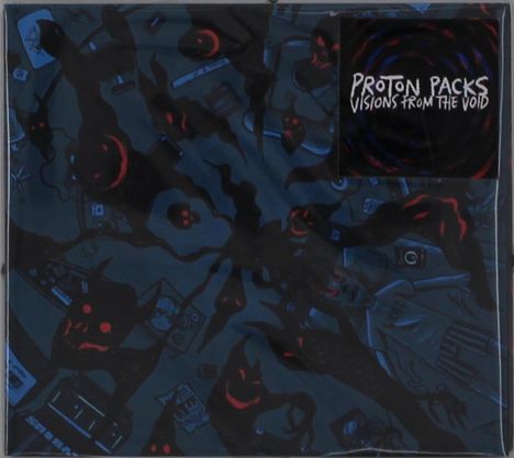 "Proton Packs, Visions From the Void" steht über düsteren, geisterhaften roten Kreaturen auf blauem Hintergrund.