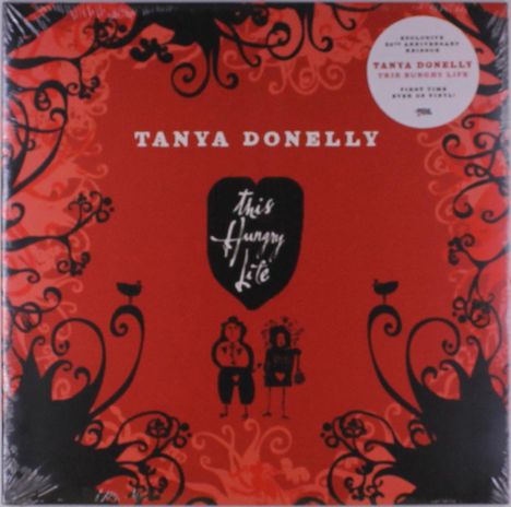 „Tanya Donelly“, „This Hungry Life“. Umrahmende schwarze, verschnörkelte Muster auf rotem Hintergrund.