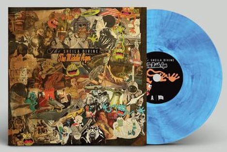 "The Sheila Divine", "The Middle Ages". Collage aus Retro-Bildern mit blauer Schallplatte.