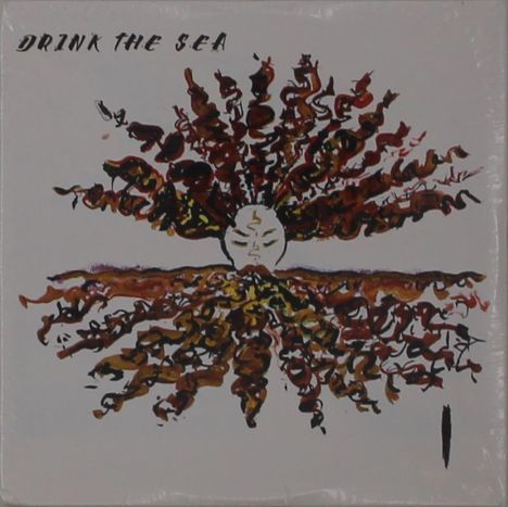 Text: "DRINK THE SEA". Illustration: Gesicht mit bunten, strahlenartigen Locken, die sich kreisförmig ausbreiten.