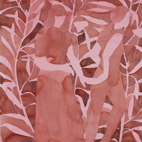 Die Illustration zeigt zwei stilisierte Figuren vor organischen Formen in erdigen Rottönen. Keine Texte vorhanden.