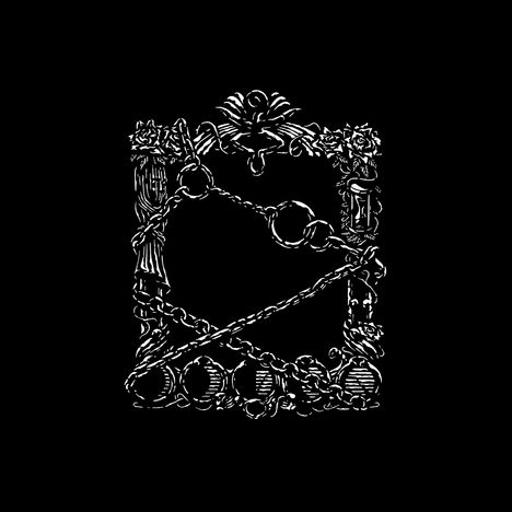 Eine detaillierte schwarz-weiße Illustration eines dekorativen Rahmens mit floralen Mustern und Ketten.