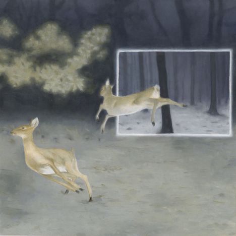 Zwei Rehe rennen durch einen Wald bei Nacht. Ein Rechteck zeigt ein Reh, das durch Bäume springt.