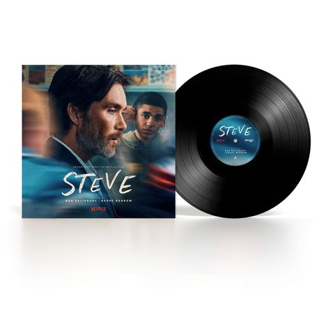 "STEVE" – Soundtrack zum Netflix-Film von Ben Salisbury & Geoff Barrow, daneben eine schwarze Schallplatte.