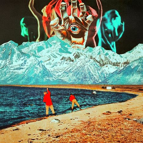 Illustration: Zwei Personen in roten Jacken werfen Steine ins Wasser, darüber Berge und eine große schwebende Hand mit Auge.