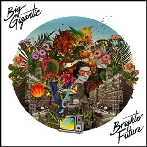 "Big Gigantic" und "Brighter Future". Illustration mit Blumen, einer Frau mit Sonnenbrille und Stadtansicht.