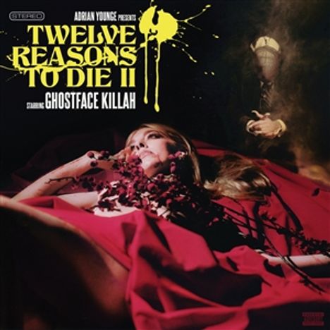 "Twelve Reasons to Die II" von Adrian Younge, Ghostface Killah. Frau in Rot, von Blumen umgeben, im Hintergrund ein Mann.