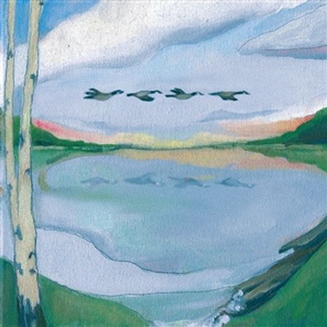 Es gibt keinen Text im Bild. Es ist eine Landschaftsillustration mit einem See, fliegenden Vögeln und Birken im Vordergrund.