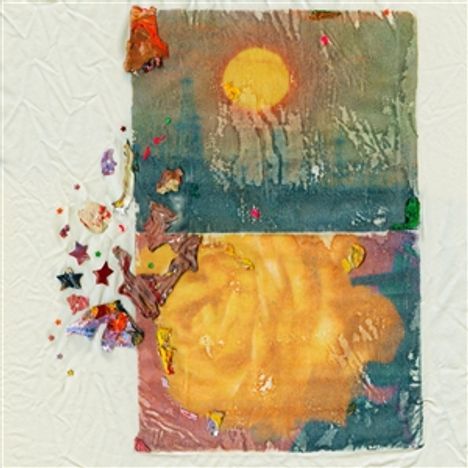 Das Bild zeigt eine abstrakte, farbenfrohe Illustration mit zwei Hauptbereichen und verstreuten Formen auf der linken Seite.