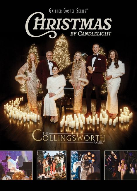 "Gaither Gospel Series: Christmas by Candlelight" und "The Collingsworth Family". Menschen vor leuchtenden Tannen.