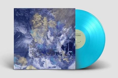 Text auf der Schallplatte: "Weather" in blauer Schrift. Blaue, abstrakte Kunst auf dem Cover, türkisfarbene Vinyl-Schallplatte.