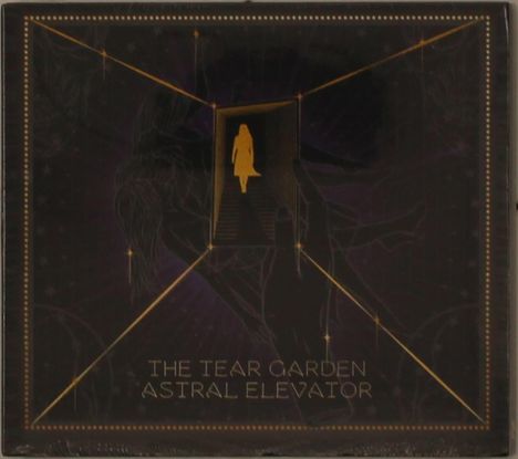 THE TEAR GARDEN ASTRAL ELEVATOR. Silhouette einer Person in einer Tür, umrahmt von goldenen Linien.