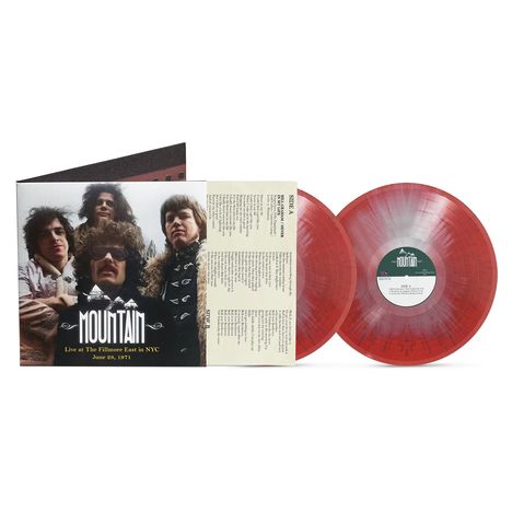 "Mountain", "Live at The Fillmore East in NYC, June 28, 1971." Rotes Vinyl, Bandmitglieder-Abbildung, Songtexte.