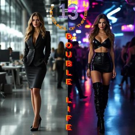 Texts: "13 The Council of Thirteen", "Double Life". Links: Frau in Bürooutfit. Rechts: Frau in Nachtclub-Outfit.