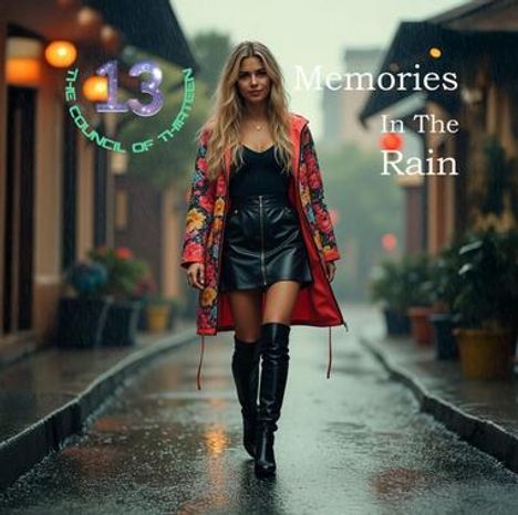 Texte: "Memories In The Rain", "The Council of Thirteen". Szene: Frau in bunter Jacke auf regennasser Straße.