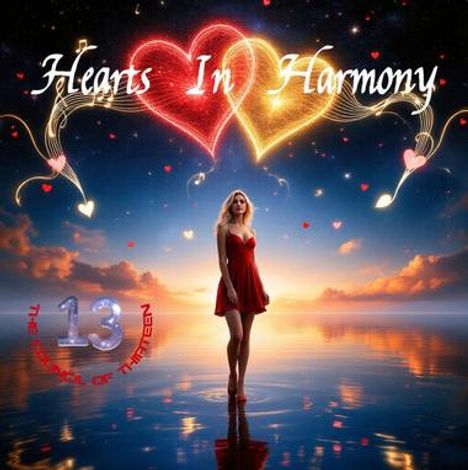 Text: "Hearts In Harmony", "13 The Council of Thirteen". Eine Frau in rotem Kleid steht vor einem romantischen Sonnenuntergang.