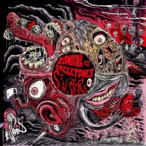 Texte: "Zombina and the Skeletones in Sinistere." Bizarre, groteske Kreaturen in dunklen, bedrohlichen Farben.
