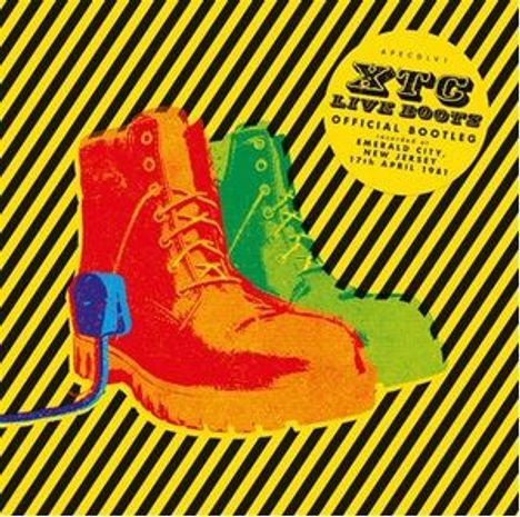 "XTC Live Boots Official Bootleg, Emerald City, New Jersey, 17th April 1980." Bunte Stiefel auf gelbem Streifenhintergrund.