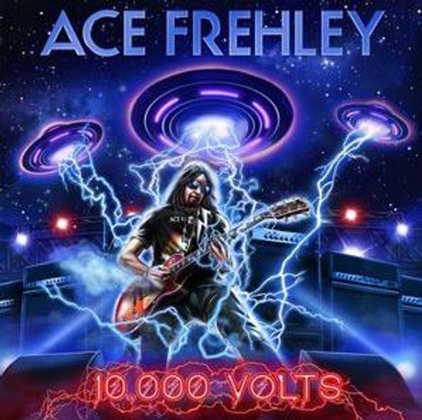 'Ace Frehley' und '10,000 Volts'. Eine Illustration: Gitarrist mit Gitarre, umgeben von Blitzen und UFOs im Weltraum.