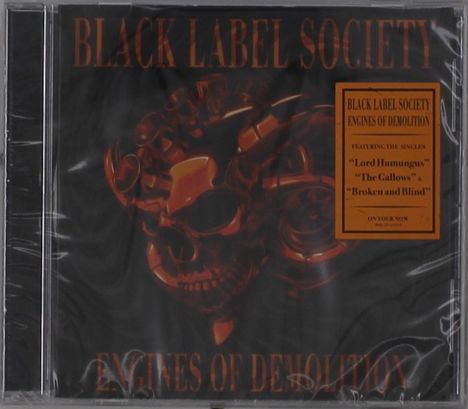 "Black Label Society" und "Engines of Demolition" dominieren. Ein metallischer Totenkopf-Motor-Illustration ist zentral.