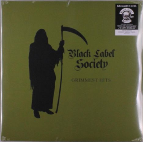 Text: "Black Label Society - Grimmest Hits." Silhouette des Sensenmanns auf olivgrünem Hintergrund.