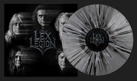 Text: "LEX LEGION". Ein Schallplatten-Cover mit dunklen Gesichtern, daneben eine schwarz-weiß marmorierte Vinyl-Schallplatte.