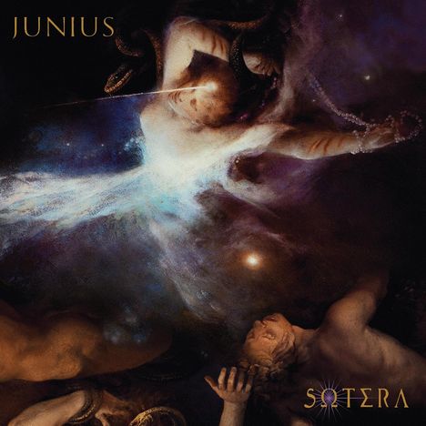 JUNIUS, SOTERA; eine dramatische Illustration mit Sternenhimmel, schlangenartigen Formen und menschlichen Figuren.