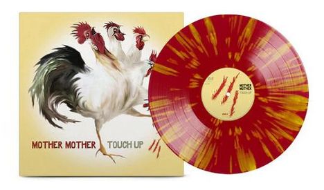 Text "Mother Mother Touch Up" erscheint auf dem Albumcover mit Huhn-Motiv. Vinyl-Schallplatte in Rot mit gelben Sprenkeln.