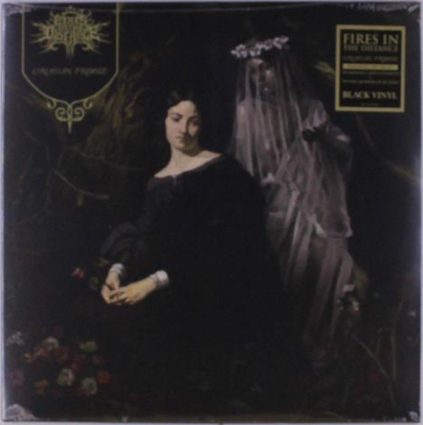 Text: "Fires in the Distance", "Black Vinyl". Gemälde einer Frau in Schwarz vor einem fließenden, verschleierten Geist.