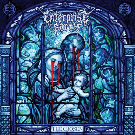 Text: "ENTREPRISE SACRÉE" und "THE CHOSEN." 
Illustration: Blaues, gotisches Glasfenster mit Maria, Josef und dem Jesuskind. Rote Details.