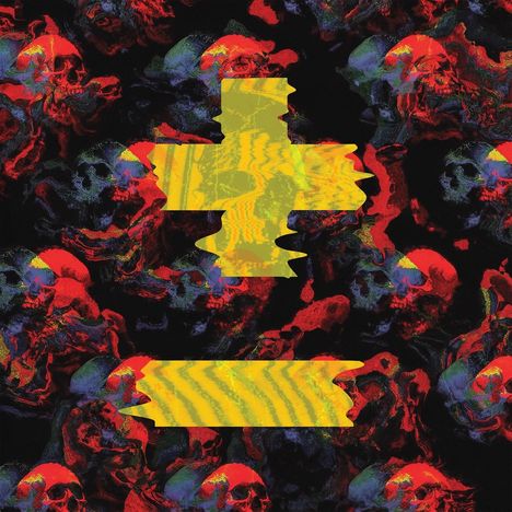 Es sind keine Texte vorhanden. Bunte Totenkopf-Illustrationen in Rot, Blau und Schwarz mit gelben, verzerrten Formen.