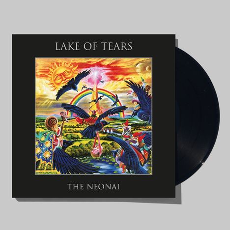 "LAKE OF TEARS - THE NEONAI". Eine bunte Illustration mit Vögeln, Regenbogen und einer strahlenden Sonne im Hintergrund.