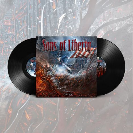 "Sons of Liberty" in Metallschrift. Zwei Vinyl-Schallplatten. Szene: Mensch im Kampf gegen eine Kreatur, rot-blaue Farbtöne.
