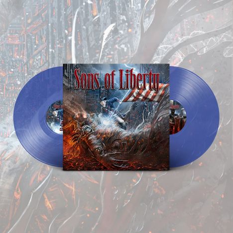 "Sons of Liberty" steht oben. Ein dramatisches, düsteres Cover mit Kampf in apokalyptischer Szenerie. Zwei blaue Schallplatten.