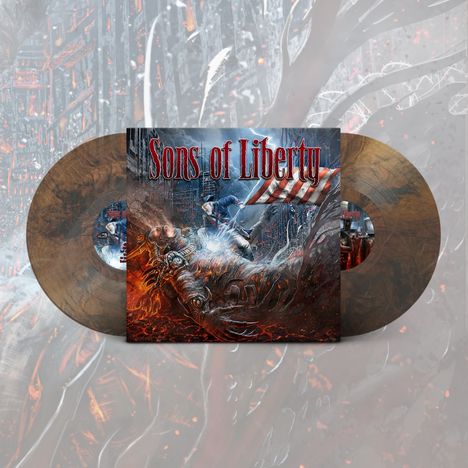 "Sons of Liberty" ist in großer Schrift zu sehen. Im Hintergrund steht ein Mensch über einem mechanischen Wesen.
