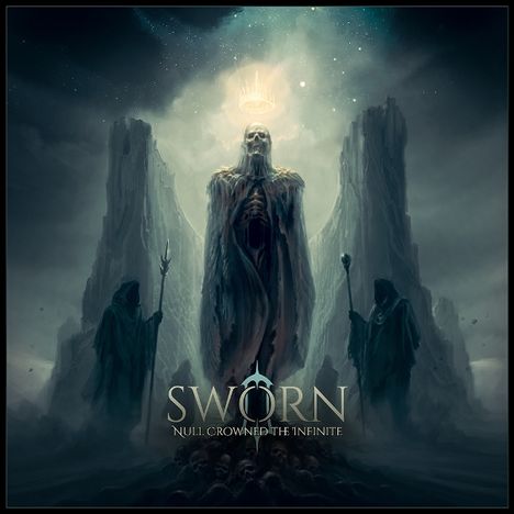 Texte: "SWORN", "NULL: CROWNED THE INFINITE". Eine düstere Figur mit Kapuzen in einer finsteren, mystischen Landschaft.