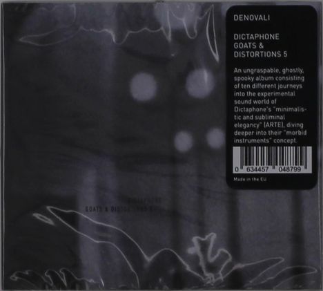 Logo: Denovali  
Text: Dictaphone Goats & Distortions 5.  
Beschreibung eines atmosphärischen Albums.  
Hintergrund: Dunkle, abstrakte Formen.