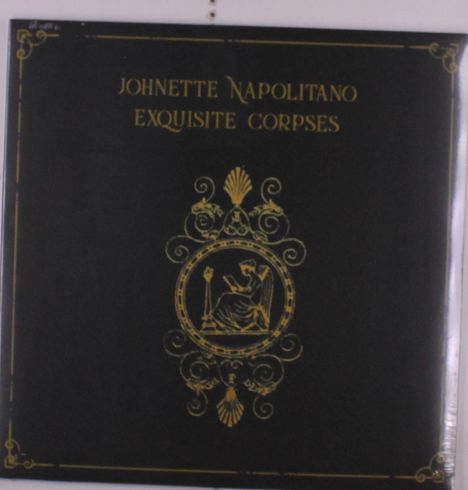 "JOHNETTE NAPOLITANO EXQUISITE CORPSES". Verzierungen und ein Emblem mit sitzender Figur, umgeben von Ornamenten.