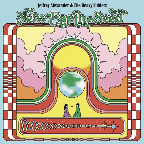 "Jeffrey Alexander & The Heavy Lidders," "New Earth Seed." Illustration mit bunten Formen und Figuren, die im Kreis sitzen.